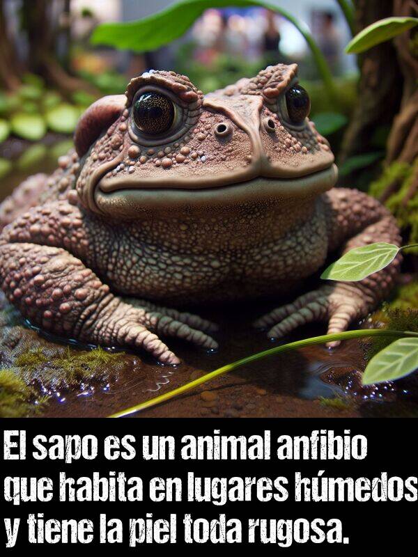 sapo: El sapo es un animal anfibio que habita en lugares hmedos y tiene la piel toda rugosa.