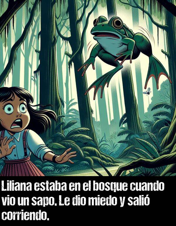 vio: Liliana estaba en el bosque cuando vio un sapo. Le dio miedo y sali corriendo.