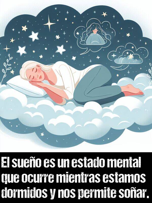 ocurre: El sueo es un estado mental que ocurre mientras estamos dormidos y nos permite soar.