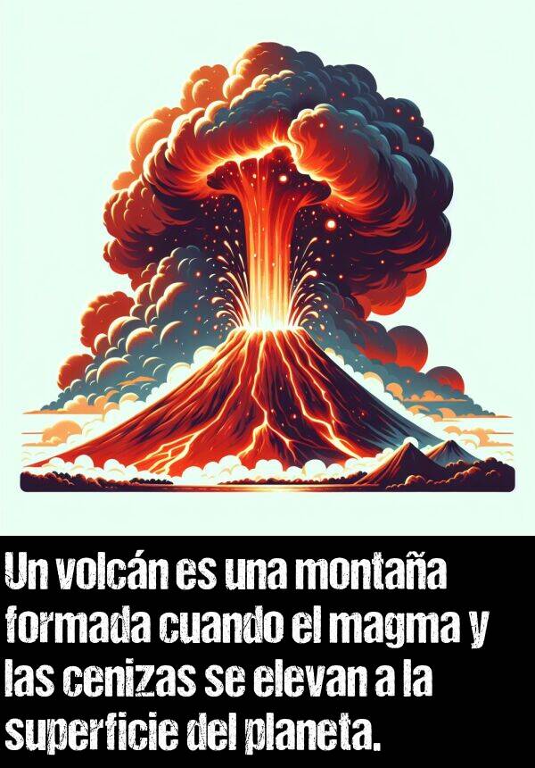 magma: Un volcn es una montaa formada cuando el magma y las cenizas se elevan a la superficie del planeta.