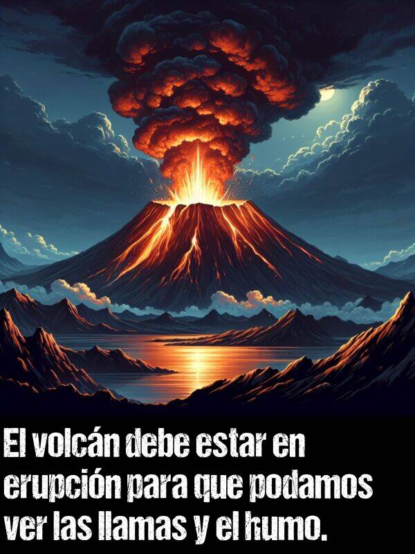 erupcin: El volcn debe estar en erupcin para que podamos ver las llamas y el humo.