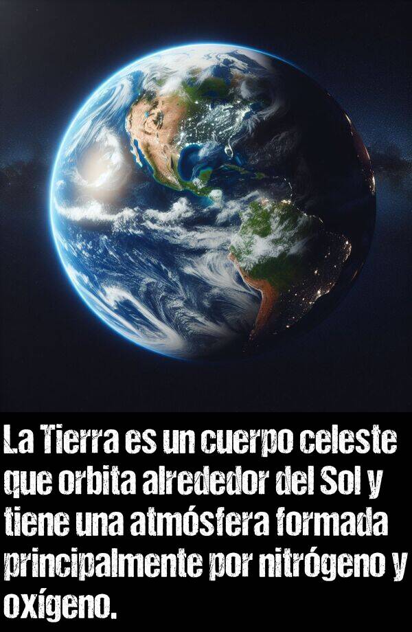 nitrgeno: La Tierra es un cuerpo celeste que orbita alrededor del Sol y tiene una atmsfera formada principalmente por nitrgeno y oxgeno.