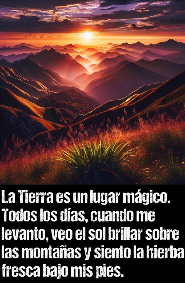 hierba: La Tierra es un lugar mgico. Todos los das, cuando me levanto, veo el sol brillar sobre las montaas y siento la hierba fresca bajo mis pies.