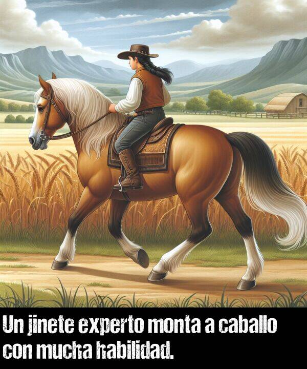 experto: Un jinete experto monta a caballo con mucha habilidad.