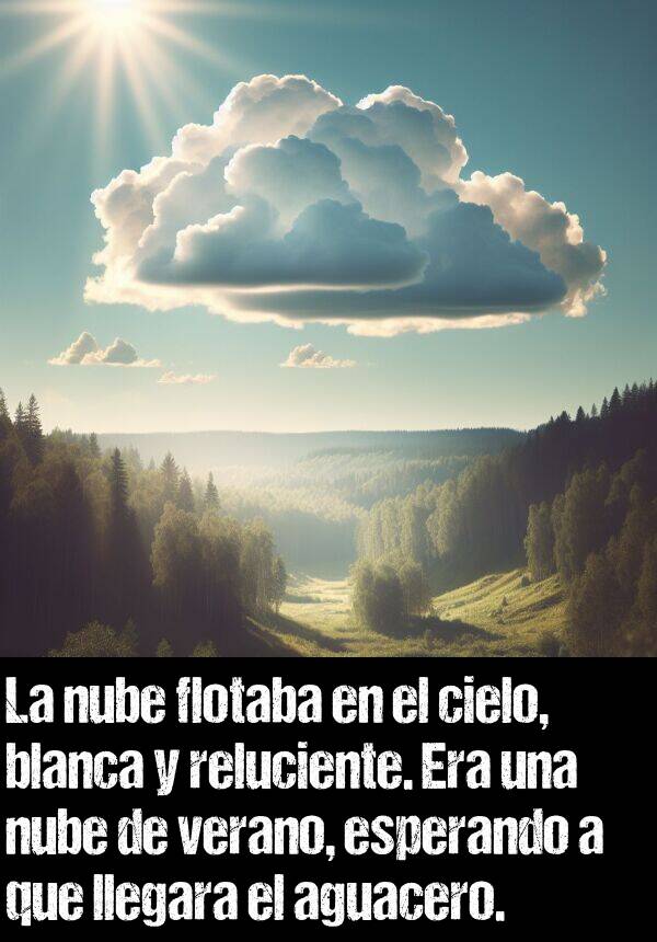 aguacero: La nube flotaba en el cielo, blanca y reluciente. Era una nube de verano, esperando a que llegara el aguacero.