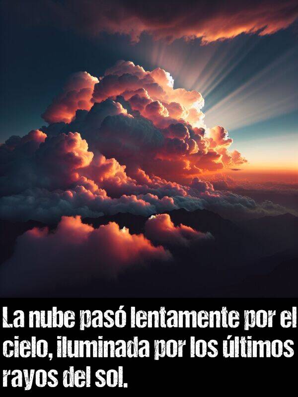 lentamente: La nube pas lentamente por el cielo, iluminada por los ltimos rayos del sol.