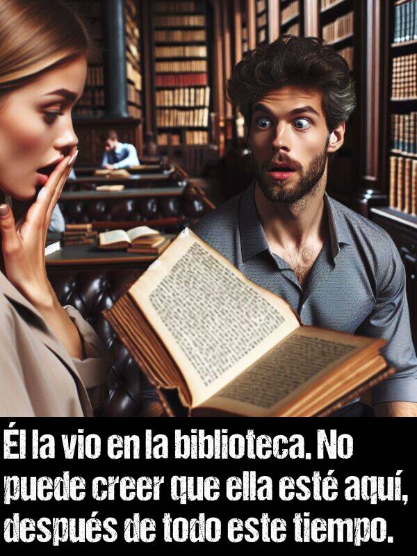 creer: l la vio en la biblioteca. No puede creer que ella est aqu, despus de todo este tiempo.