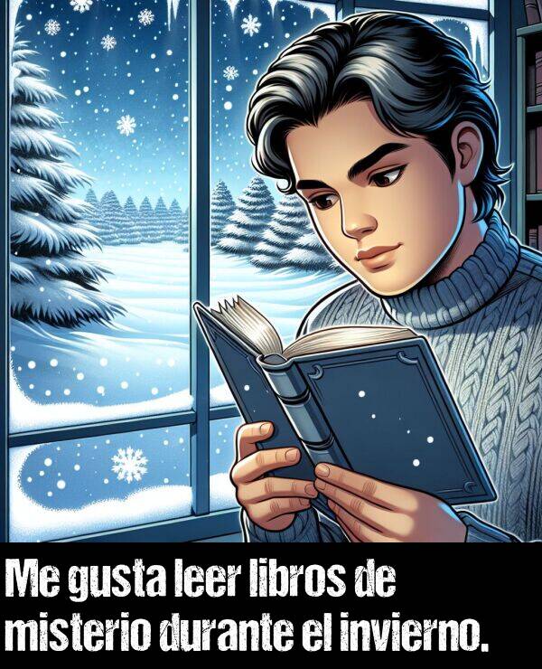 misterio: Me gusta leer libros de misterio durante el invierno.