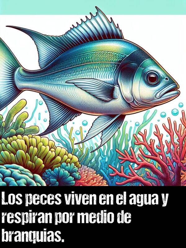 peces: Los peces viven en el agua y respiran por medio de branquias.