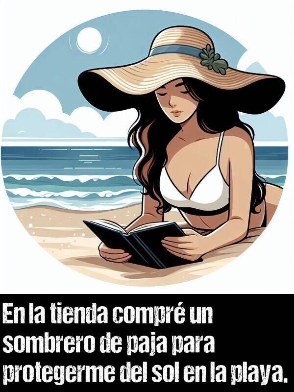 playa: En la tienda compr un sombrero de paja para protegerme del sol en la playa.