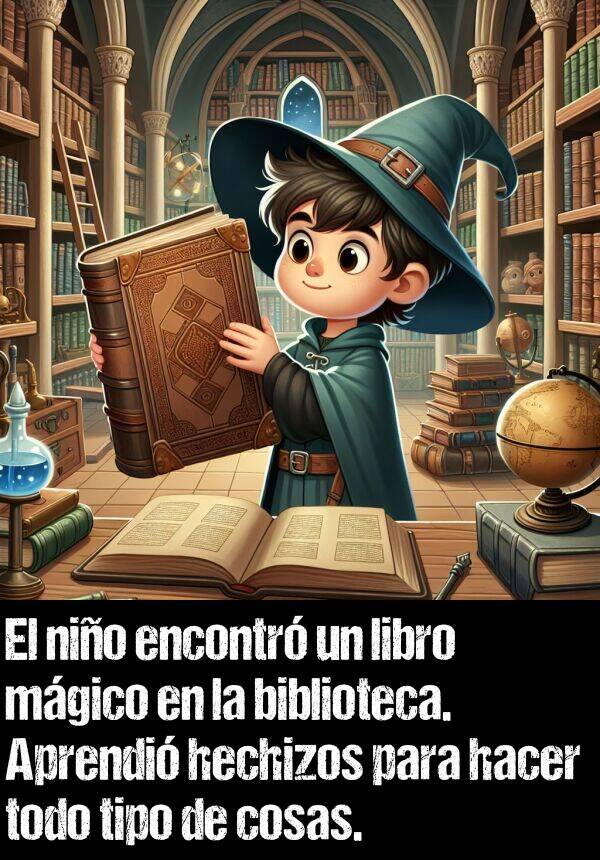 libro: El nio encontr un libro mgico en la biblioteca. Aprendi hechizos para hacer todo tipo de cosas.