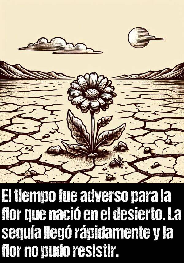 adverso: El tiempo fue adverso para la flor que naci en el desierto. La sequa lleg rpidamente y la flor no pudo resistir.