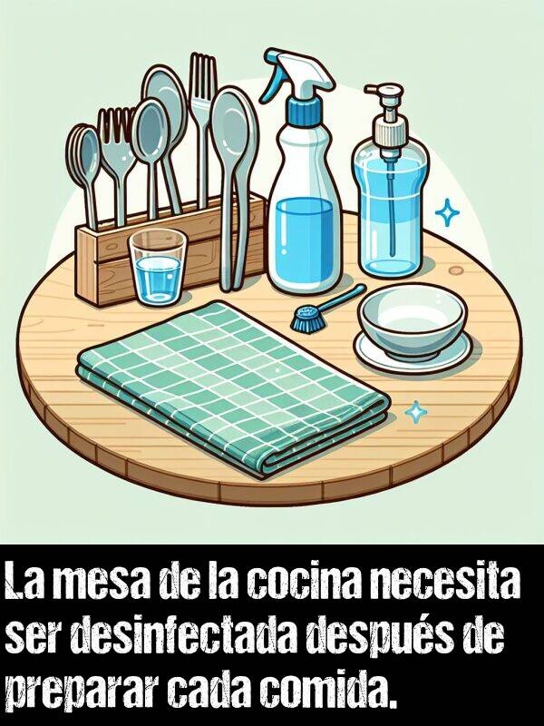 cada: La mesa de la cocina necesita ser desinfectada despus de preparar cada comida.