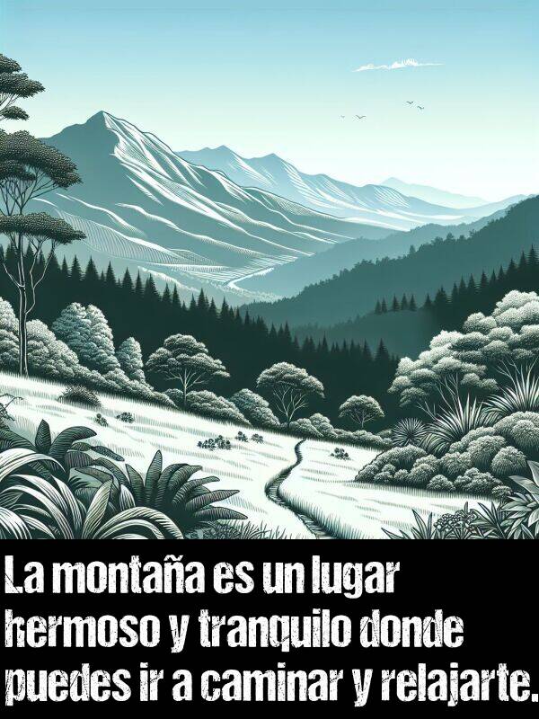 relajarte: La montaa es un lugar hermoso y tranquilo donde puedes ir a caminar y relajarte.