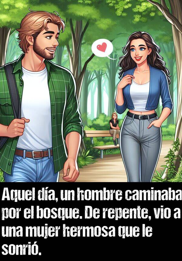 sonri: Aquel da, un hombre caminaba por el bosque. De repente, vio a una mujer hermosa que le sonri.