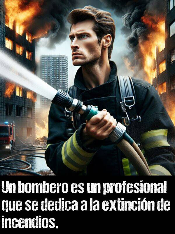 profesional: Un bombero es un profesional que se dedica a la extincin de incendios.