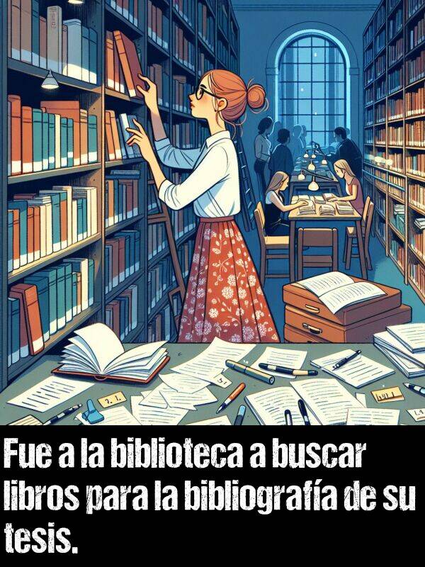 bibliografa: Fue a la biblioteca a buscar libros para la bibliografa de su tesis.