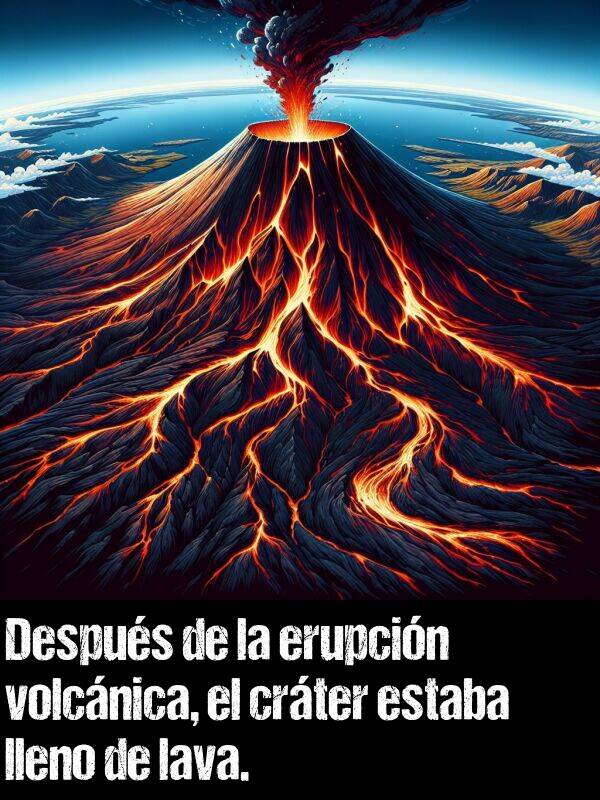 erupcin: Despus de la erupcin volcnica, el crter estaba lleno de lava.