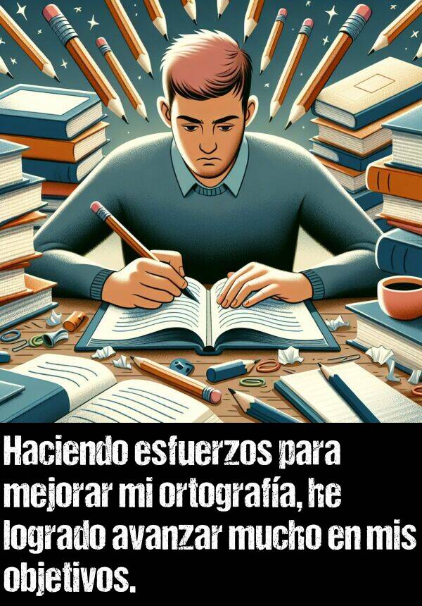 avanzar: Haciendo esfuerzos para mejorar mi ortografa, he logrado avanzar significativamente en mis objetivos.