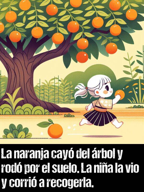 nia: La naranja cay del rbol y rod por el suelo. La nia la vio y corri a recogerla.