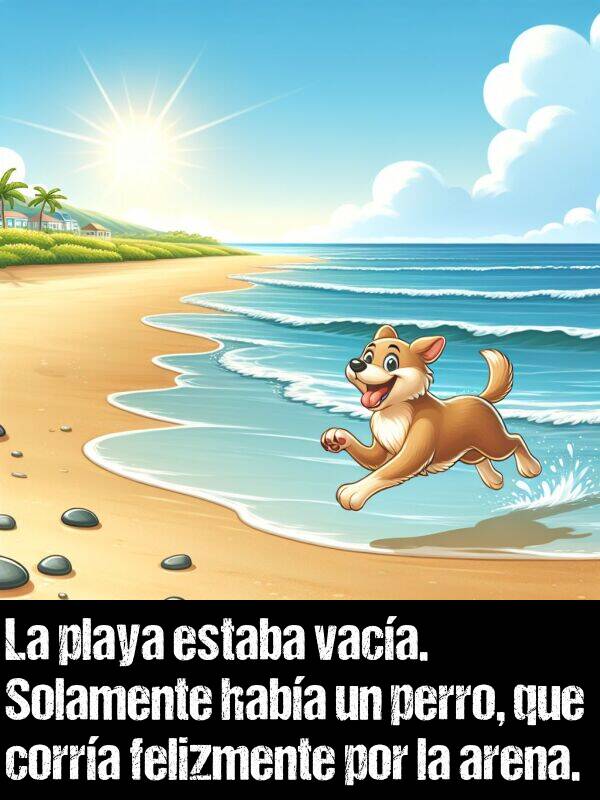 felizmente: La playa estaba vaca. Solamente haba un perro, que corra felizmente por la arena.