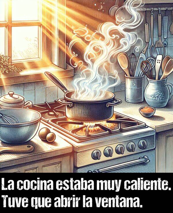 cocina: La cocina estaba muy caliente. Tuve que abrir la ventana.