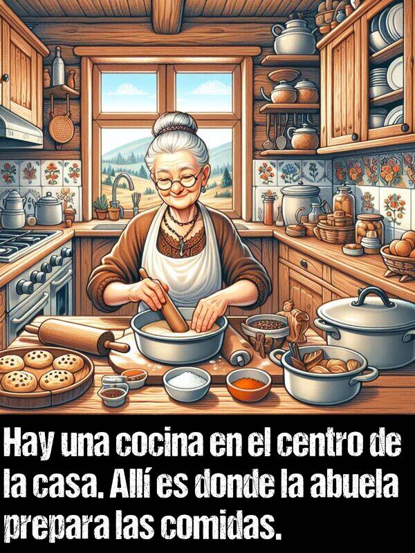 prepara: Hay una cocina en el centro de la casa. All es donde la abuela prepara las comidas.