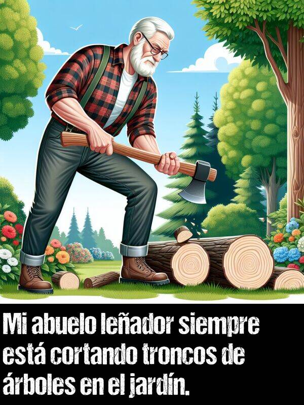 abuelo: Mi abuelo leador siempre est cortando troncos de rboles en el jardn.