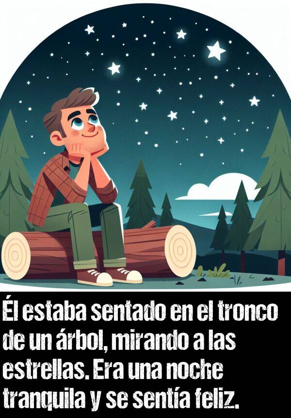 tranquila: l estaba sentado en el tronco de un rbol, mirando a las estrellas. Era una noche tranquila y se senta feliz.