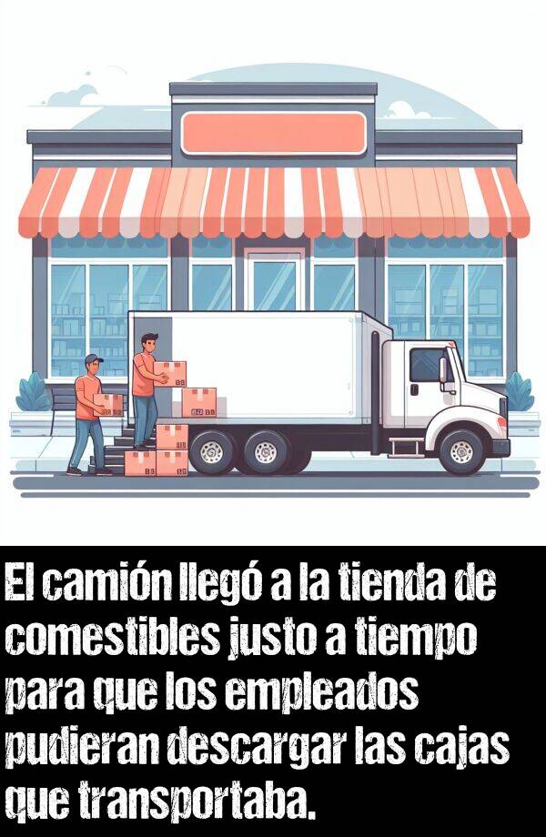 tienda: El camin lleg a la tienda de comestibles justo a tiempo para que los empleados pudieran descargar las cajas que transportaba.