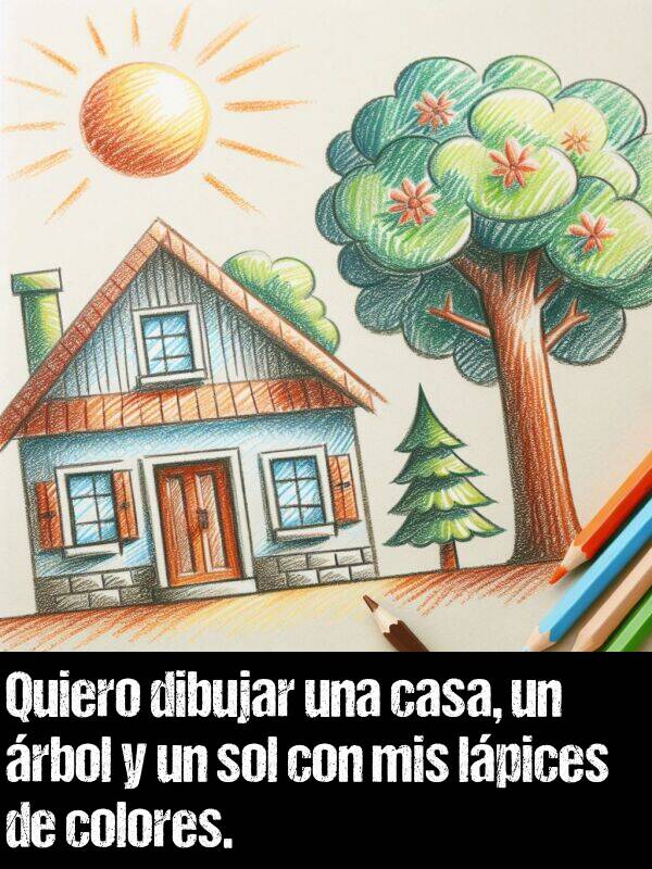 rbol: Quiero dibujar una casa, un rbol y un sol con mis lpices de colores.