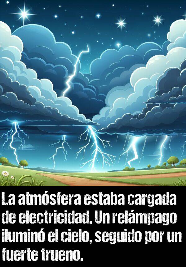 cargada: La atmsfera estaba cargada de electricidad. Un relmpago ilumin el cielo, seguido por un fuerte trueno.