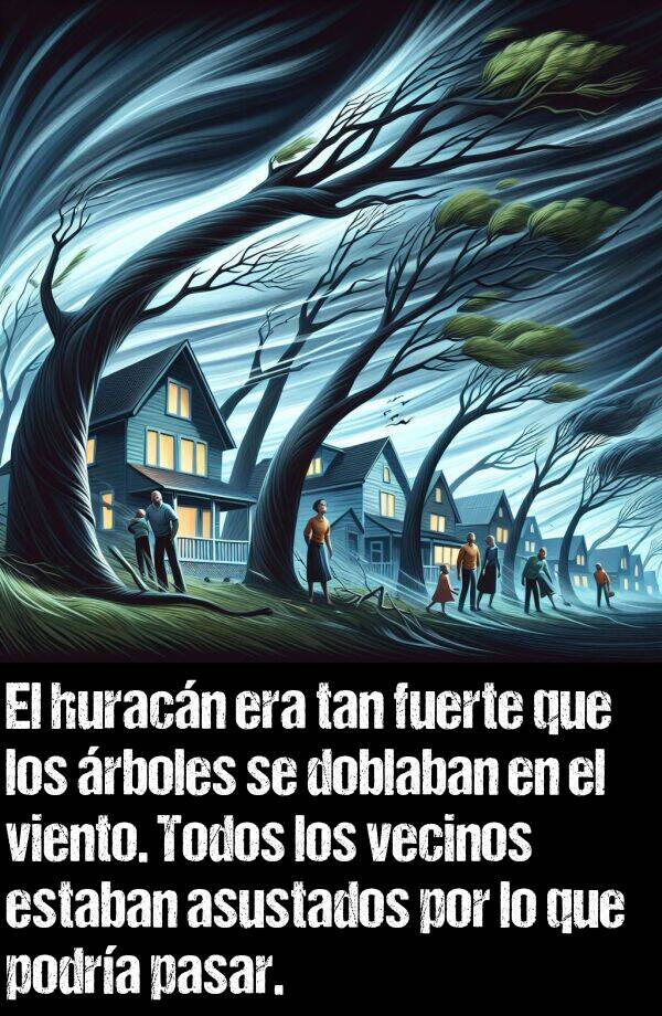 doblaban: El huracn era tan fuerte que los rboles se doblaban en el viento. Todos los vecinos estaban asustados por lo que podra pasar.