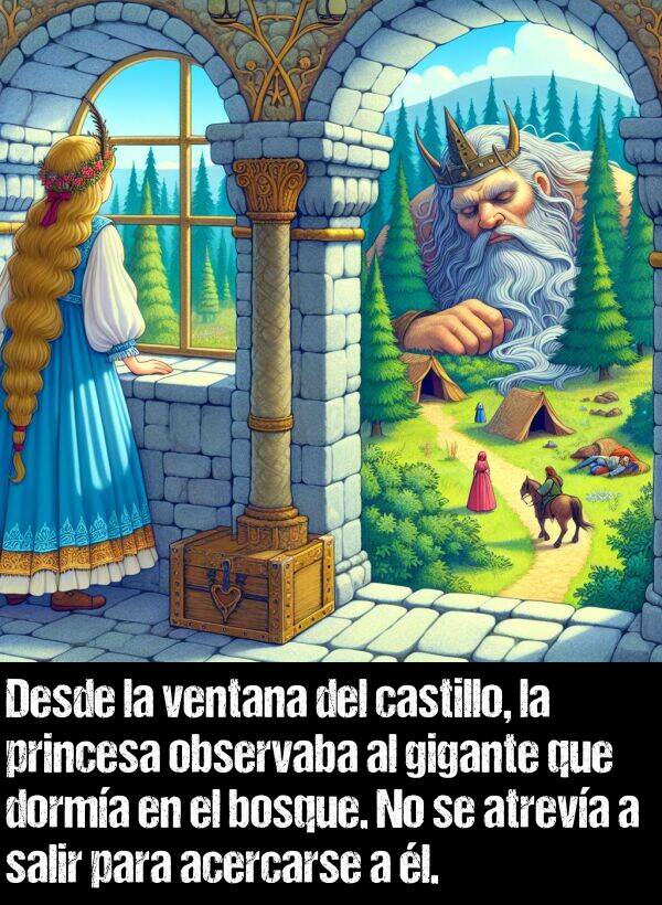 castillo: Desde la ventana del castillo, la princesa observaba al gigante que dorma en el bosque. No se atreva a salir para acercarse a l.