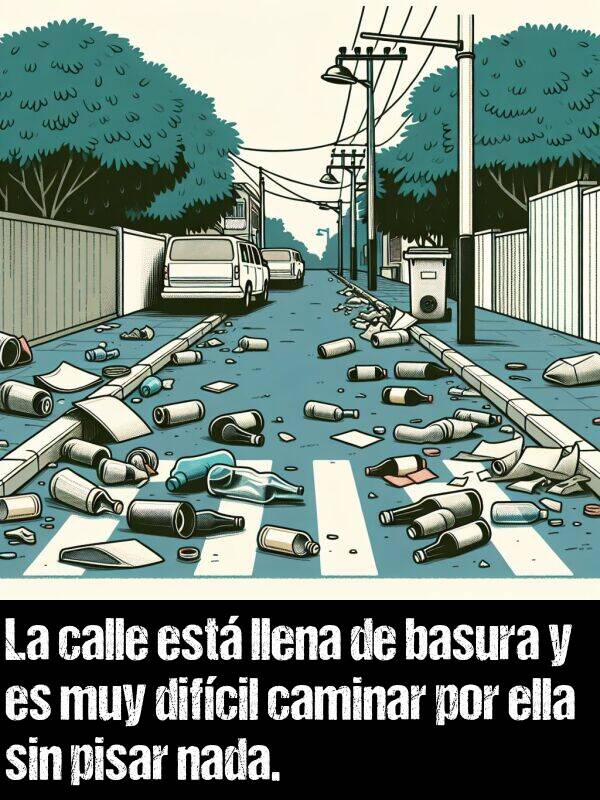 calle: La calle est llena de basura y es muy difcil caminar por ella sin pisar nada.