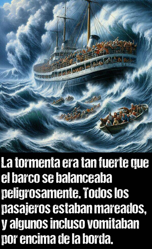 peligrosamente: La tormenta era tan fuerte que el barco se balanceaba peligrosamente. Todos los pasajeros estaban mareados, y algunos incluso vomitaban por encima de la borda.