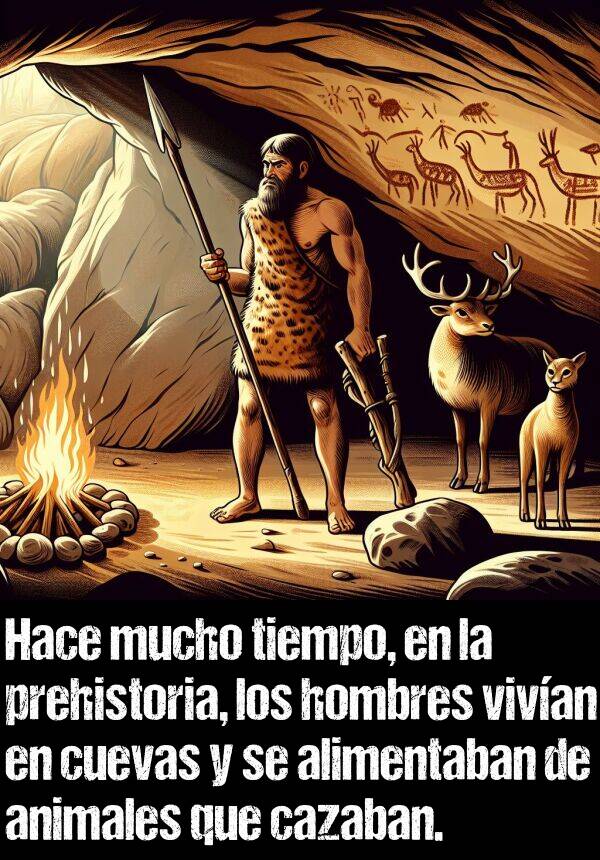 alimentaban: Hace mucho tiempo, en la prehistoria, los hombres vivan en cuevas y se alimentaban de animales que cazaban.