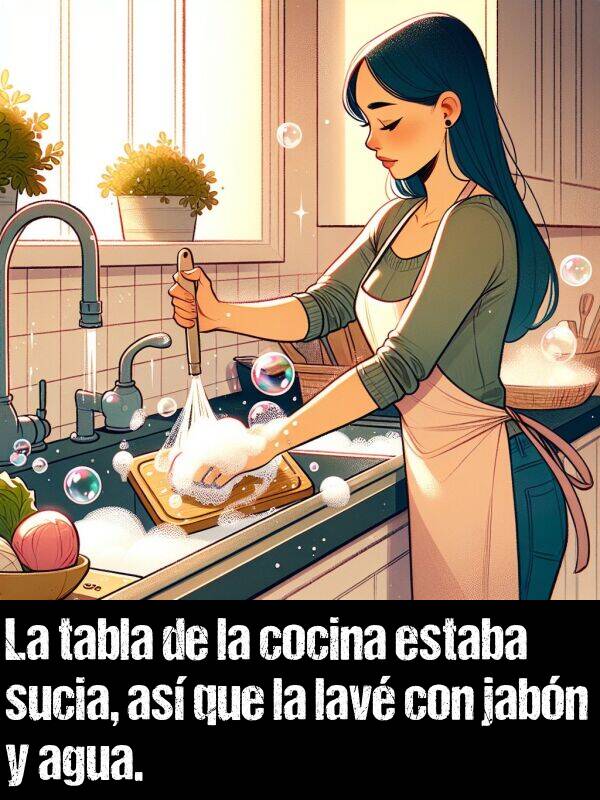 tabla: La tabla de la cocina estaba sucia, as que la lav con jabn y agua.