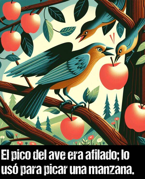 picar: El pico del ave era afilado; lo us para picar una manzana.