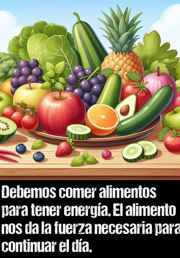 necesaria: Debemos comer alimentos para tener energa. El alimento nos da la fuerza necesaria para continuar el da.