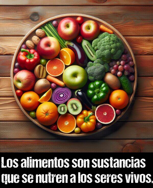 sustancias: Los alimentos son sustancias que se nutren a los seres vivos.