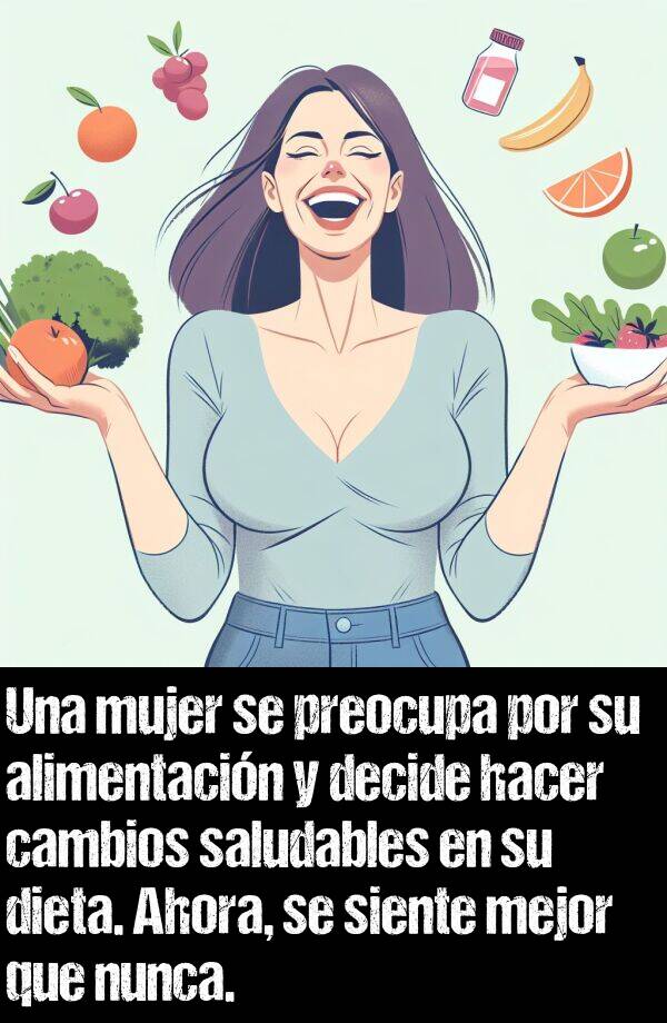 alimentacin: Una mujer se preocupa por su alimentacin y decide hacer cambios saludables en su dieta. Ahora, se siente mejor que nunca.