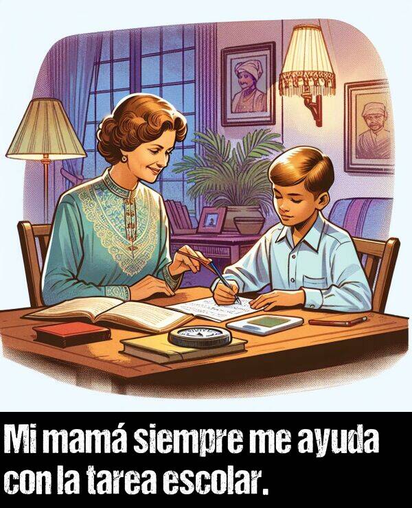 ayuda: Mi mam siempre me ayuda con la tarea escolar.