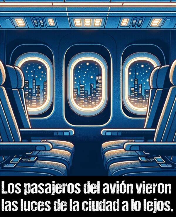 pasajeros: Los pasajeros del avin vieron las luces de la ciudad a lo lejos.