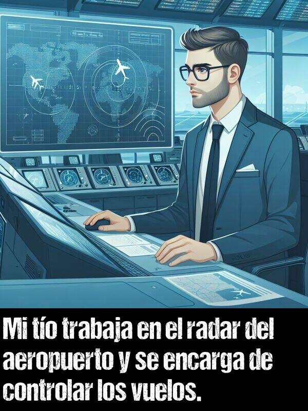 encarga: Mi to trabaja en el radar del aeropuerto y se encarga de controlar los vuelos.