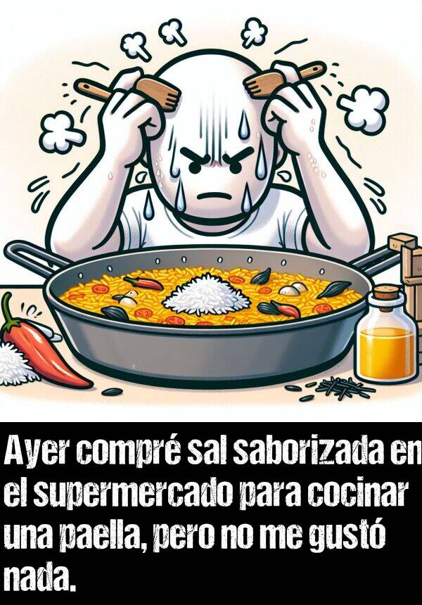 paella: Ayer compr sal saborizada en el supermercado para cocinar una paella, pero no me gust nada.