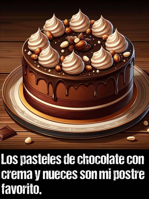 nueces: Los pasteles de chocolate con crema y nueces son mi postre favorito.