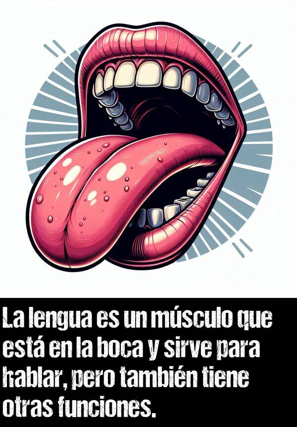 boca: La lengua es un msculo que est en la boca y sirve para hablar, pero tambin tiene otras funciones.