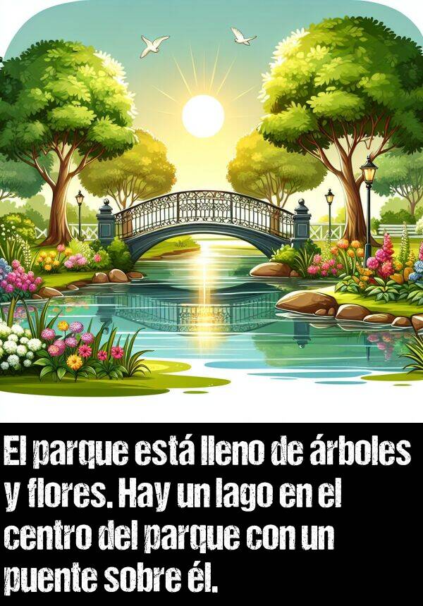 puente: El parque est lleno de rboles y flores. Hay un lago en el centro del parque con un puente sobre l.