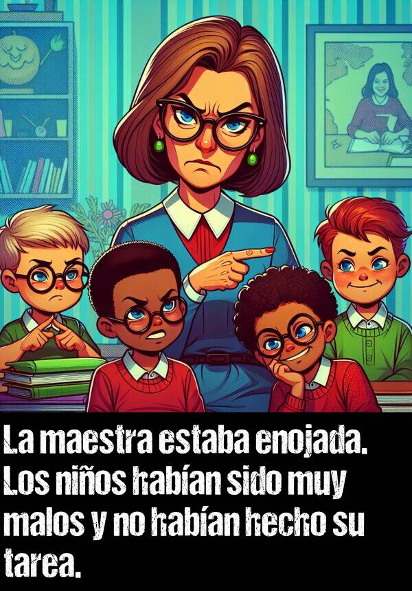 enojada: La maestra estaba enojada. Los nios haban sido muy malos y no haban hecho su tarea.